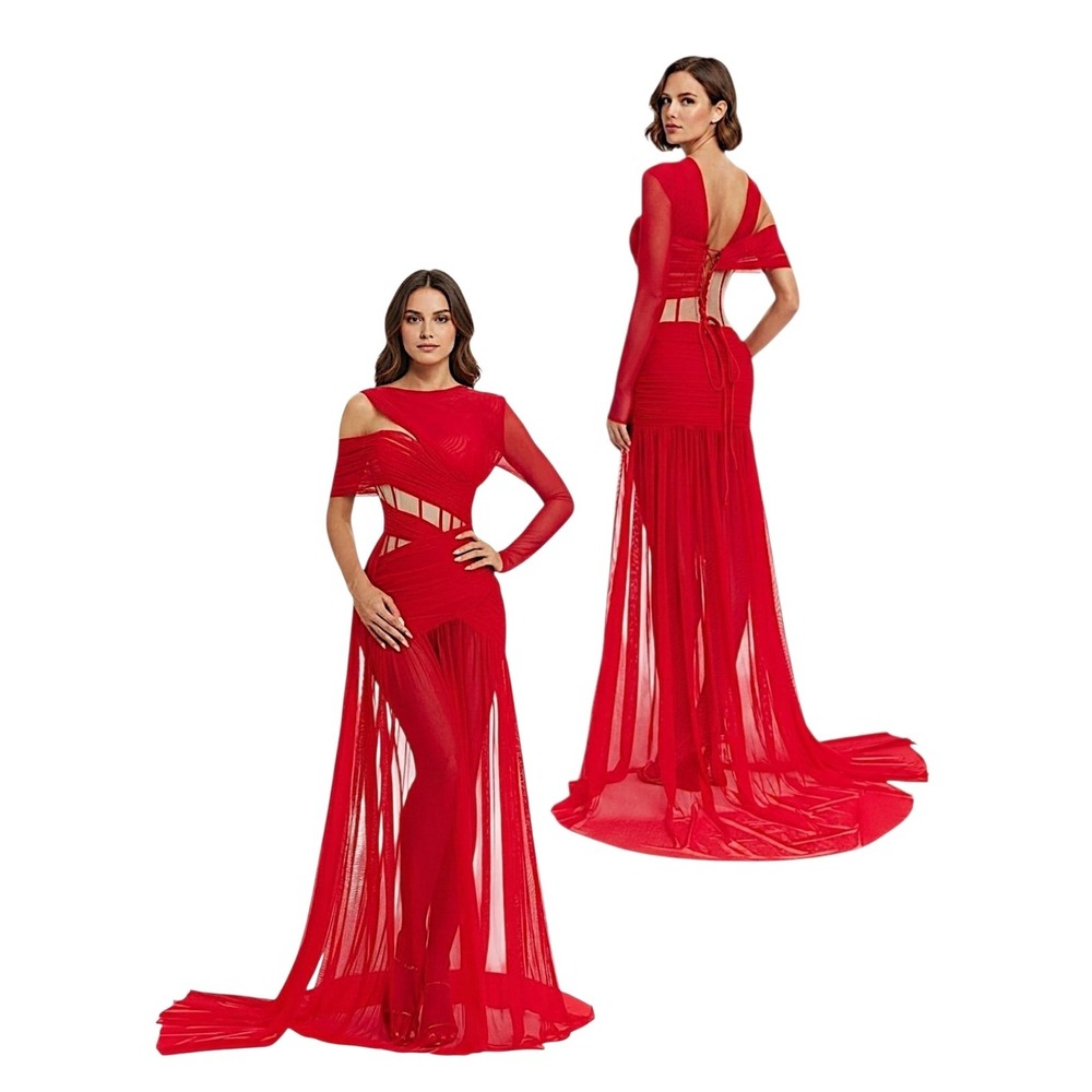 Mew Mews Maxi Dress S Wom Red Malati Corset Cutout Mesh Ruched Evening Gown NEW